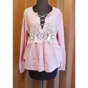 Gap large Cotton long sleeve pink & white striped woven top